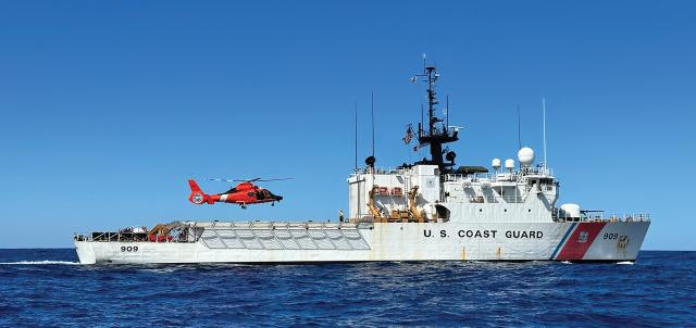 An MH-65 Dolphin lands on the flight deck of the USCGC Campbell (WMEC-909) in the north Pacific. The MH-65 provides an aviation capability for smaller cutters that cannot fit the MH-60, but as the MH-65 fleet is reduced, parts and maintenance specialists will become harder to find, and the change to a single platform will need to be accelerated.