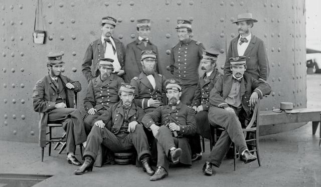 John L. Worden, first commanding officer of the USS Monitor, U.S. Navy’s first ironclad, Lieutenant Commander Samuel Dana Greene (seated, far right) served as his second in command 