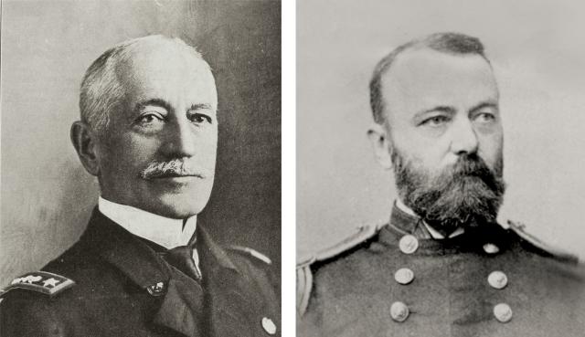 Philip Henry Cooper (left) ranked fifth in his Naval Academy graduating class. He saw action during the Battle of Mobile Bay and was promoted to rear admiral in 1902, taking command of the Asiatic Fleet in 1904. Willard Brownson (right) held multiple posts at the Naval Academy and commanded several ships during his career, including the cruiser Detroit during the Brazilian Naval Revolt of 1893–94. They were two of four founders (in addition to Worden and Parker) to serve as Academy Superintendents: Cooper b