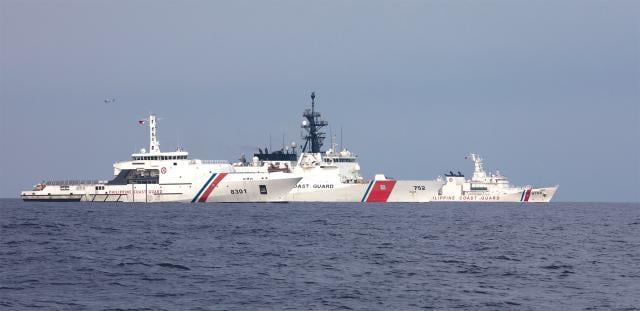 From left: Philippine Coast Guard vessel Gabriela Silang,  USCGC Stratton (WMSL-752), and Philippine Coast Guard vessel Melchora Aquino conduct a trilateral engagement with the Japan Coast Guard in the South China Sea. The Coast Guard could establish a forward-deployed district in the western Pacific to manage PLAN reactions and maritime law enforcement missions.