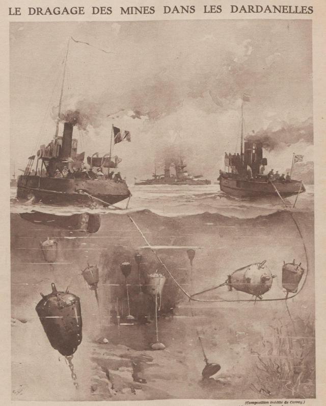artist’s rendering of minesweeping in the Dardanelles Strait in 1915.