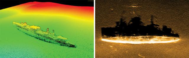  During the recent search for the wreck, multibeam sonar deployed by autonomous underwater vehicles provided ghostly images of the destroyer, nearly upright but listing to port.