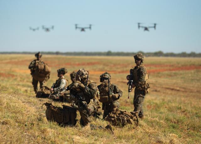 Marines with Marine Rotational Force–Darwin 22 establish defensive positions as MV-22 Ospreys approach for landing during an airfield seizure event. It is alarming to realize that MCDP-1 does not consider the possibility that maneuver warfare could fail. Its implicit advice in the face of an unsuccessful approach is to maneuver harder. 