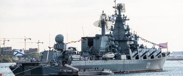 The Russian cruiser Moskva in Sevastopol, Republic of Crimea, 31 July 2021. Shutterstock.