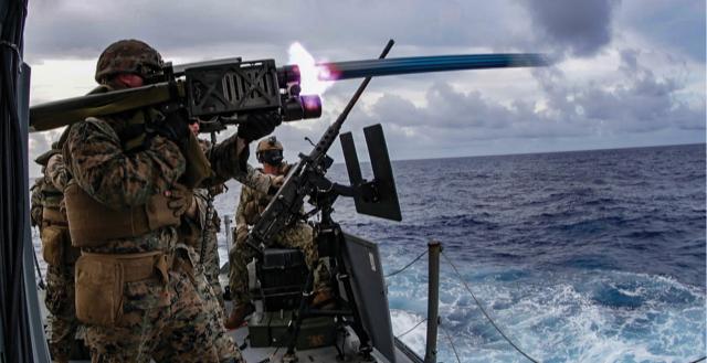 Marines with 2d Low Altitude Air Defense Battalion fire a Stinger launch simulator from a Mk VI patrol boat. The Stinger is an effective weapon against conventional aircraft, but it is not designed (and too expensive) for use against many unmanned aerial vehicles, especially drone swarms. 