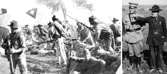 Commandant Lejeune increased Marine Corps visibility and training in part through reenactments and maneuvers on Civil War battlefields. Right: During a break in the October 1921 Marine reenactment of the Battle of the Wilderness, a Union vet directs Lejeune’s attention to a portion of the battlefield. Below: Leathernecks portraying Confederates close with their Union Marine foes at the Battle of Gettysburg’s Bloody Angle in a 1 July 1922 reenactment of Pickett’s Charge. Three days later, 50,000 spectators s