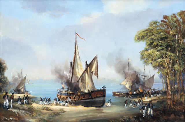 After fighting a running battle southward on the lake, Arnold and his men are finally run to ground about ten miles from their destination of Crown Point. Escaping to continue the fight, they beach their vessels and put  them to the torch.