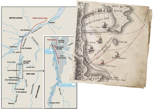 The American fleet is trapped between Valcour Island on the right and the western shore of Lake Champlain on the left. British gunboats form an ensnaring line across the channel, with the formidable British vessels Carleton, Inflexible, and Maria closing in. Escape seems impossible—but is it?