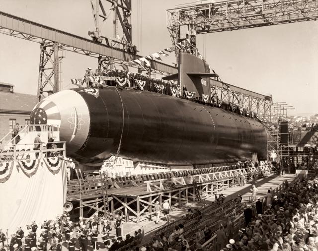 3 October 1959: The launching ceremony is underway for the fleet ballistic-missile submarine Theodore Roosevelt at Mare Island Naval Shipyard.