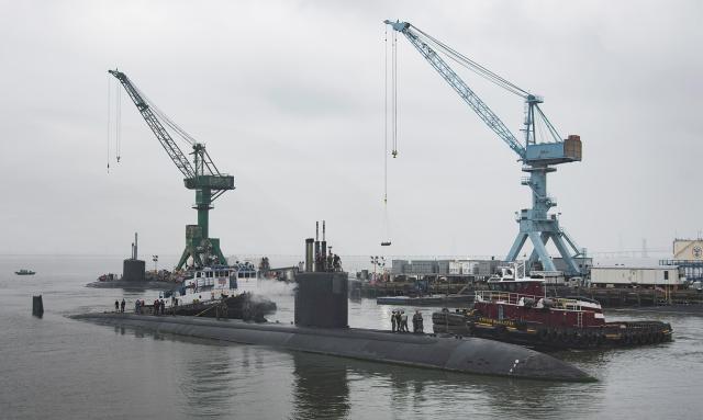 The USS Boise (SSN-764) arrives at Huntington Ingalls Industries Newport News in 2017 for what was to be a 25-month extended engineering overhaul. She is still docked there awaiting the overhaul. 