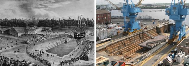 On the left is a drawing of Dry Dock No. 1 at Gosport Navy Yard welcoming the ship-of-the-line Delaware during the incomplete dry dock’s opening in June 1833. On the right is the same dock, in what is now called Norfolk Naval Shipyard. The 190-year-old dock remains in use exactly as it was when completed in 1834. Only its caisson has been replaced.