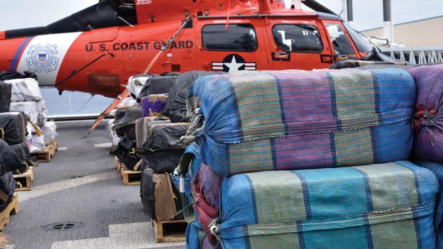 USCGC James (WMSL-754) offloads bales of cocaine and marijuana