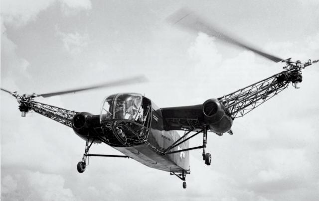 The Whirlaway in flight. Its three-blade rotors were counter-rotating, which eliminated torque and hence the need for a tail rotor.