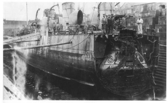 HMS Nubian in dry dock after losing her bow.