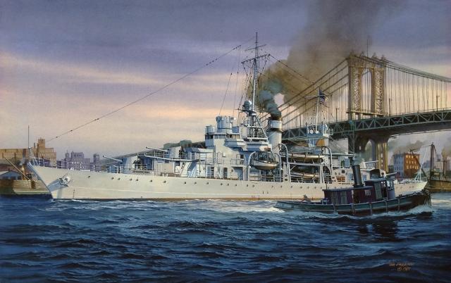 Tom Freeman’s painting depicts the gunboat Erie after passing beneath New York City’s Manhattan Bridge shortly after her commissioning.