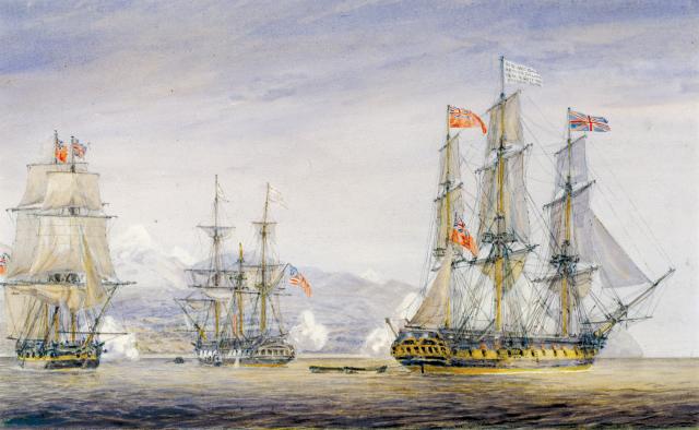 The partially dismasted Essex (center