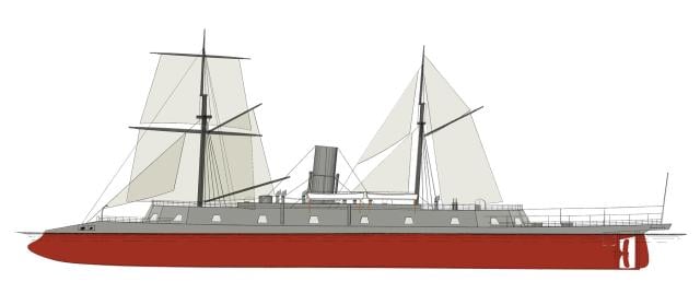 A drawing of the Dunderberg, adapted from the plate “Dimensions of Spars and Sails of Iron Clad Screw Ram Dunderberg, 1866” in William H. Webb’s Plans of Wooden Vessels, shows the ship’s simple sail plan and rigging. Of note, the auxiliary rudder is just forward of the screw.
