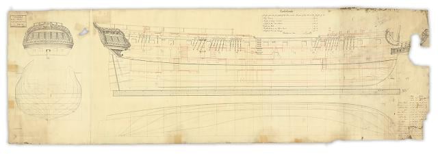 British Admiralty draft of the captured frigate renamed HMS Confederate