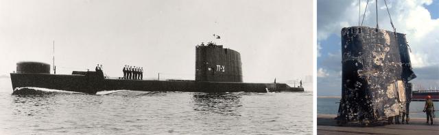 The disappearance of the Israeli submarine INS Dakar in January 1968 remained a mystery until her wreck was found during a joint Israeli-American expedition in 1999. The wreck was located between Crete and Cyprus at a depth of 9,800 feet, which exceeded her crush depth and resulted in a catastrophic hull failure.  Left: The Dakar’s bridge fin—a four-ton piece of wreckage that had separated from the rest of the hull­—was recovered in 2000 as part of an effort to recover artifacts from the sunken sub. 