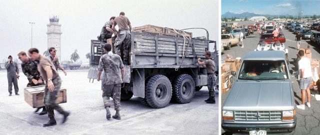 Following the Cold War, a diminished threat environment and volatile politics led the Philippine Senate to reject a new Military Base Agreement with the United States in 1991. As the U.S. military was withdrawing, Mt. Pinatubo erupted, hastening the departure. Above, U.S. Marines and Air Force members evacuate a truckful of munitions at Clark Air Base to a helicopter at the height of the volcanic eruption.  (Right) Military members and civilians stop at a distribution point to collect food and water for the