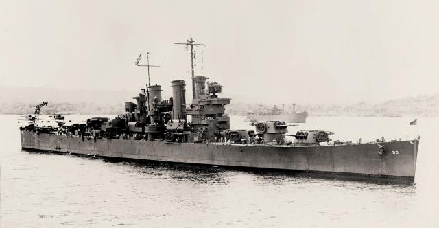 The USS Helena circa 1943, with radar antennas brushed out by censors.