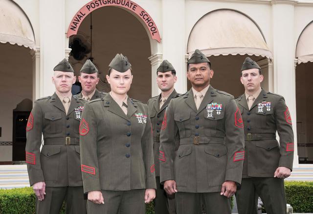Under a 2023 Marine Corps pilot program, staff noncommissioned officers were selected to attend the Naval Postgraduate School for advanced education in their military occupational specialties. From left (front row): Staff Sergeant Alyssa Falge, Gunnery Sergeant Jeka Talaa; (back row) Gunnery Sergeants James Stalker and Glenn Miller, Staff Sergeant Ray Gonzalez, and Gunnery Sergeant Jacob Thornton.