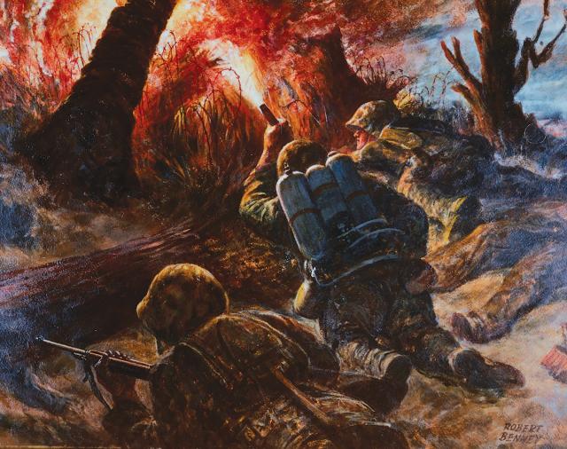 Facing stiff resistance, U.S. Marines inch forward into the maw of battle on Saipan, June 1944. The conquest of the Marianas has begun.