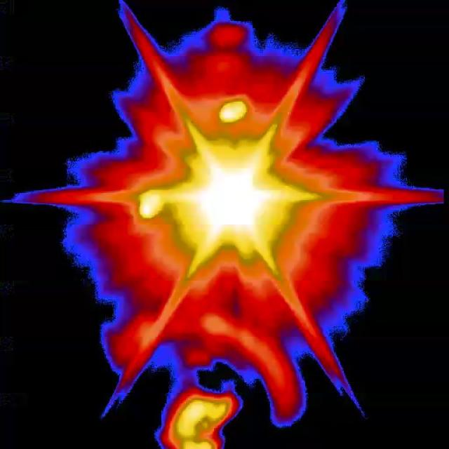 An infrared image of a ballistic missile target being intercepted.