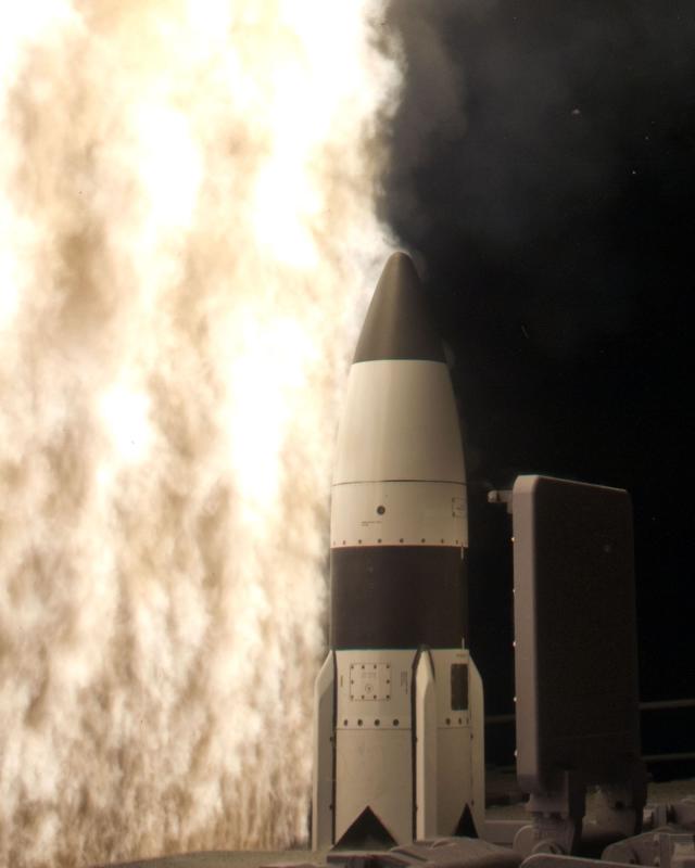 An SM-3 interceptor missile is launched from the USS Lake Erie (CG-70) during an anti-ballistic missile test. 