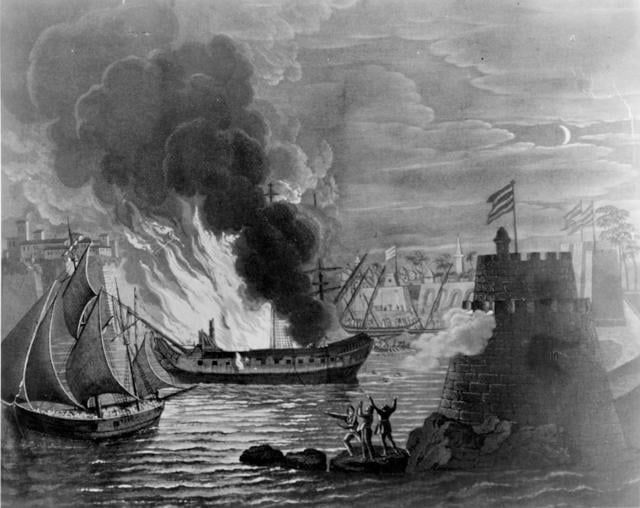 The frigate Philadelphia in Tripoli Harbor, 16 February 1804, by Edward Moran (1829–1901). Previously captured by the Tripolitans, the frigate was boarded and burned by a party from the ketch Intrepid led by Lieutenant Stephen Decatur.