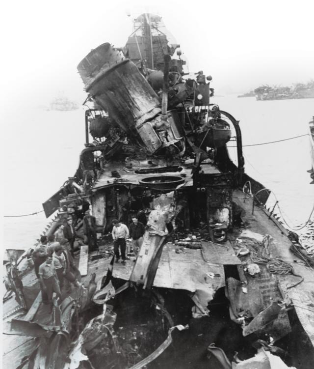 Over the course of 90 minutes, the USS Newcomb (DD-586) was hit by four kamikazes off Okinawa on 6 April 1945. Despite extensive damage and numerous fires, her crew kept her steaming and dodged additional attacks. The Newcomb ultimately was declared a total loss. 