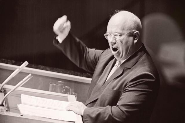 Soviet Premiere Nikita Khrushchev, shown here addressing the United Nations in New York in 1960, told Western ambassadors in Moscow in 1956: “We will bury you”—a remark widely interpreted as referring to nuclear war. Vladimir Putin’s Russia appears to have released Basic Principles to improve deterrence with less threatening rhetoric.