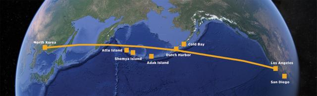 A great-circle route from North Korea to Los Angeles