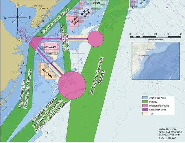 Recommended fairways and routing measures at the entrance of Delaware Bay that account for OREI project sites. Credit: MARCACOOS