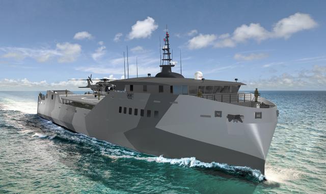 The Marine Corps’ call for a new kind of light amphibious warship has yielded a number of proposals, including the one shown here, based on an Australian-designed stern landing vessel.
