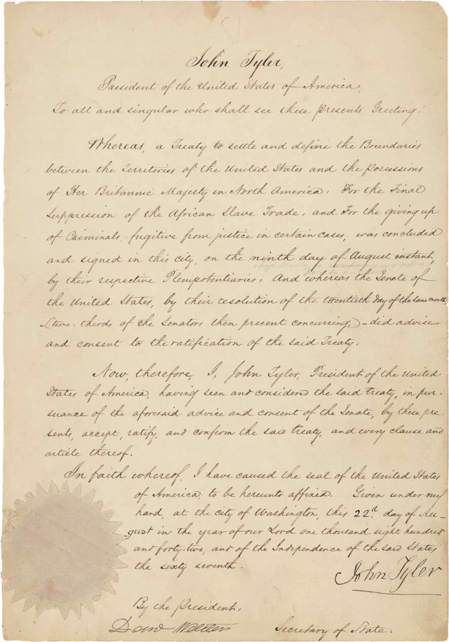 First handwritten page of the U.S. acceptance of 1842 Webster-Ashburton Treaty