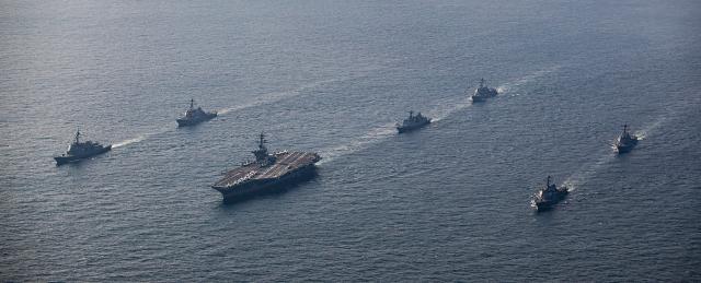 The USS George Washington (CVN-73), USS Higgins (DDG-76), USS McCampbell (DDG-85) and USS Dewey (DDG-105) steam in formation with the Japan Maritime Self-Defense Force destroyer JS Haguro, and Republic of Korea Navy destroyers ROKS Chungmugong Yi Sun-sin and Seoae Ryu Seong-ryong during Exercise Freedom Edge 24-2 in the East China Sea on 13 November 2024. 