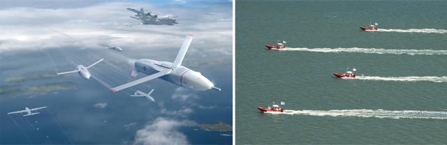 Swarms of unmanned systems, such as DARPA Gremlins (above) and unmanned small boats, transmitting signals that imitate naval C2 could provide on-demand signature protection for stand-in forces.