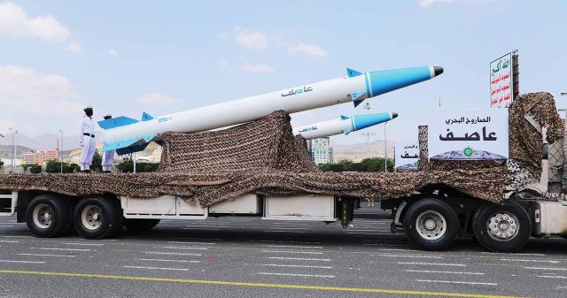 Houthi forces displayed what they described as long-range ballistic missiles during a September 2022 military parade in Sanaa, Yemen. 