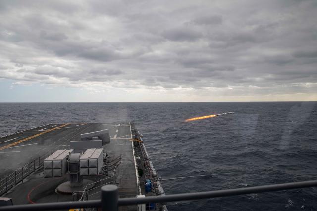 The USS Iwo Jima fires a rolling airframe missile. 