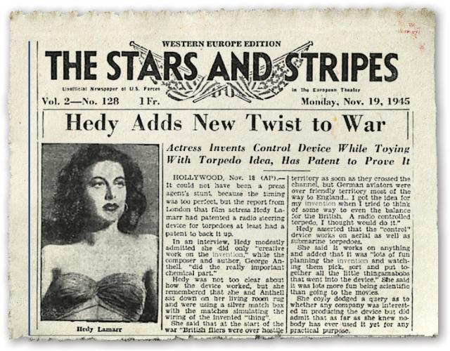 Stars and Stripes of Monday, November 19, 1945 with headline "Hedy Adds New Twist to War"