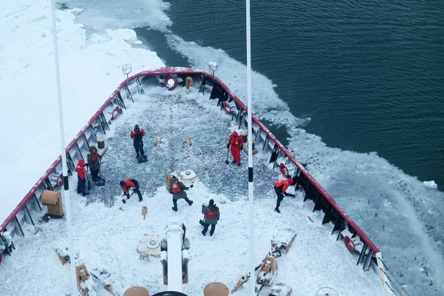 The deck department on board the USCGC Polar Star (WAGB-10) removes ice from the ship’s deck and deck equipment while underway. Establishing and maintaining ownership and responsibility roles is essential to developing junior members.