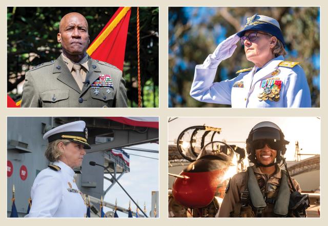 Marine Corps General Michael E. Langley (top left) was the first Black Marine to be promoted to four-star general. Captain Amy Bauernschmidt (bottom left) in 2021 became the first woman to command an aircraft carrier. In 2022, Admiral Linda L. Fagan (top right) became the first women to be appointed Commandant of the Coast Guard. Lieutenant (j.g.) Madeline Swegle (bottom right) made history in 2020 as the first Black woman to become a tactical jet aviator. While these firsts are important demographically, t