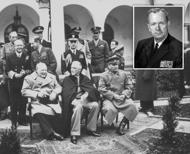 Future Vice Admiral J. Victor Smith was tapped as aide to Admiral William  Leahy (behind Roosevelt) in early 1944 and was with him at Yalta, where postwar reorganization in Europe would be determined.