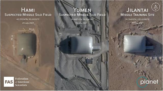 Satellite images of identical shelter domes seen at Hami, Yumen, and Jilantai, China, are all suspected missile fields. China’s nuclear arsenal is still much smaller than that of the United States, but such images suggest China conducting a rapid buildup.