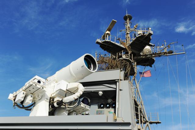 High-power laser weapon on board a Navy ship. 