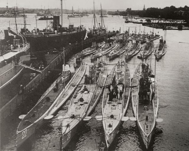 The German prewar submarine fleet in harbor at Kiel. U-20, which was responsible for sinking the Lusitania, is second from right.