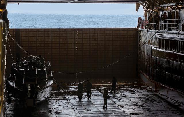 A Swedish CB90-class fast-assault craft in the well deck of the dock landing ship USS Gunston Hall (LSD-44) in March 2024. The Marine Corps needs a craft with performance characteristics similar to the CB90’s to become its proposed Multi-Mission Reconnaissance Craft, although the CB90’s blue-water handling might be of concern.