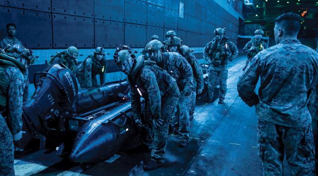 Marines from the 31st Marine Expeditionary Unit launch a combat rubber raiding craft from the USS New Orleans (LPD-18). Launching from the well deck provides a MEU a ship-to-shore capability, but it does not provide the open-ocean mobility a maritime reconnaissance company and stand-in forces require.