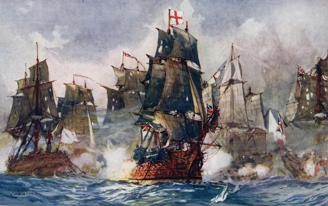 Seizing the moment, Admiral Rodney risks censure for violating the Royal Navy’s Fighting Instructions, breaking from the British battle line to shoot the gap in the French formation. It is a gamble that will pay off in spades.
